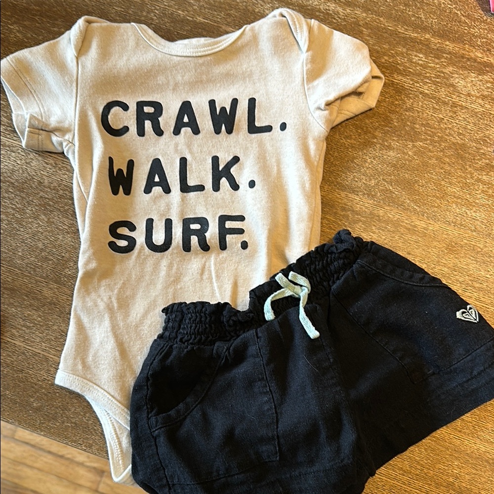 Tan Graphic Onesie and Black Shorts Set